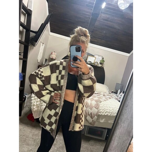 VERVET Sweaters - Vervet checkered cardigan sweater